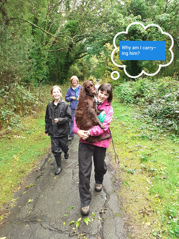 Charlie (the dog) being carried down The Tarry Path Rusthall