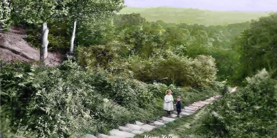 Historical image of the 101 steps, with two children half way up.